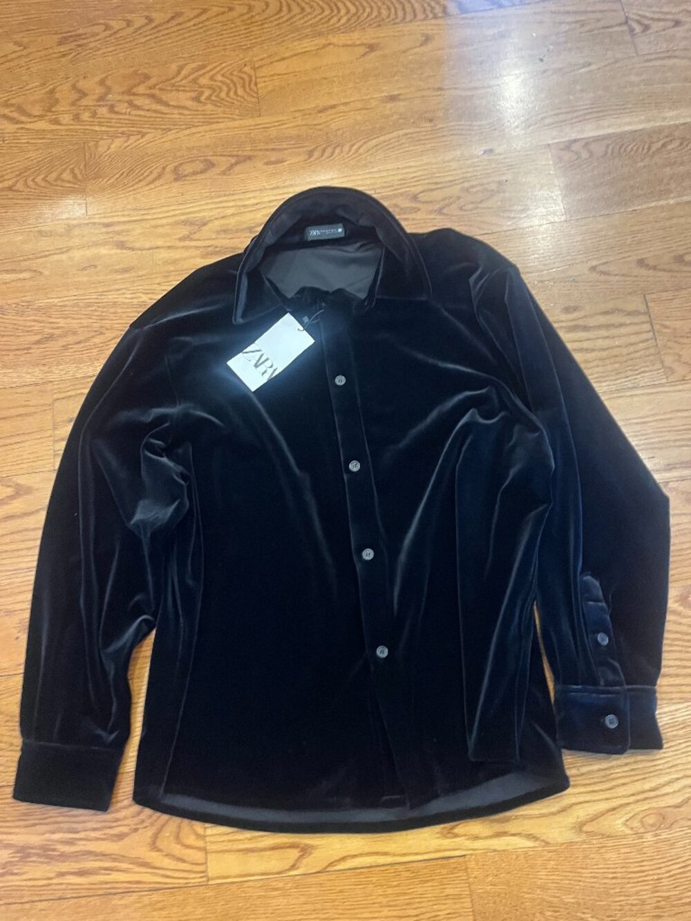 NWT Zara Black Velvet Button Down Shirt Size M